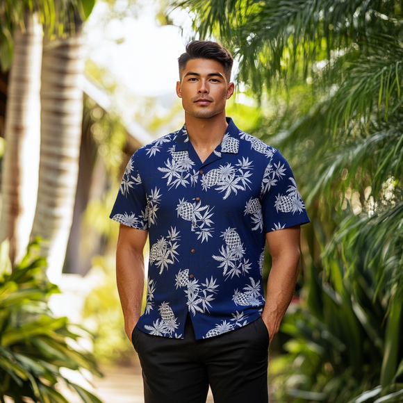 Pineapple Vintage Inspired Rayon Hawaiian Shirt  Navy
