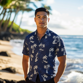 Pineapple Vintage Inspired Rayon Hawaiian Shirt  Navy