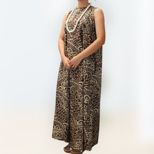 PineappleandTapaPrintComfortableLongResortDress-Brown