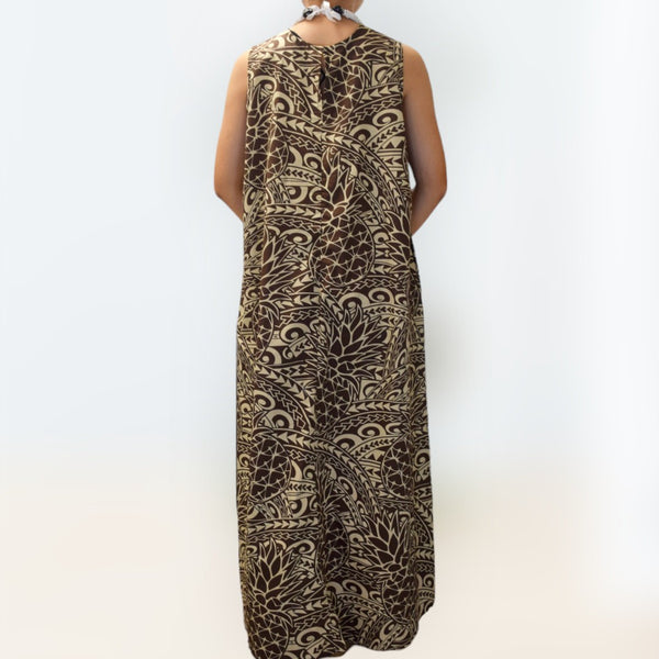 PineappleandTapaPrintComfortableLongResortDress-Brown