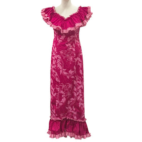 Traditional Hawaiian Holomuʻu – Pink Maile Lei Mermaid Line Hawaiian Dress | 2-Way Ruffle Neckline | Made in Hawaii - 0