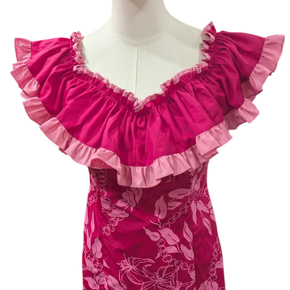 Traditional Hawaiian Muumuu Train Dress – Pink Flower Lei Print | 2-Way Ruffle Neckline | Made in Hawaii