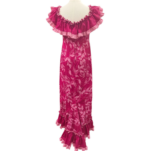 Traditional Hawaiian Muumuu Train Dress – Pink Flower Lei Print | 2-Way Ruffle Neckline | Made in Hawaii