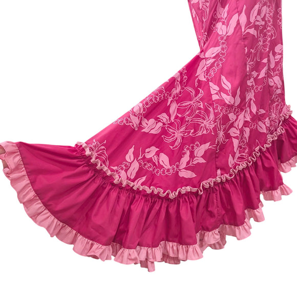 Traditional Hawaiian Muumuu Train Dress – Pink Flower Lei Print | 2-Way Ruffle Neckline | Made in Hawaii