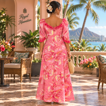 Pink Tropical Hibiscus Ruffle Dress – 100% Cotton Hawaiian Elegance 286L - 0