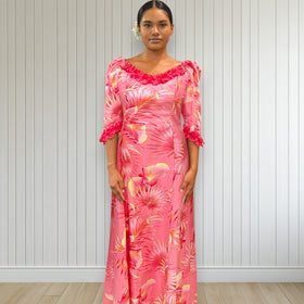 Pink Tropical Hibiscus Ruffle Dress