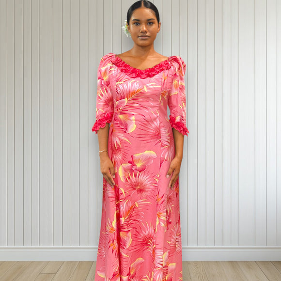 Pink Tropical Hibiscus Ruffle Dress