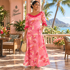 Pink Tropical Hibiscus Ruffle Dress – 100% Cotton Hawaiian Elegance 286L