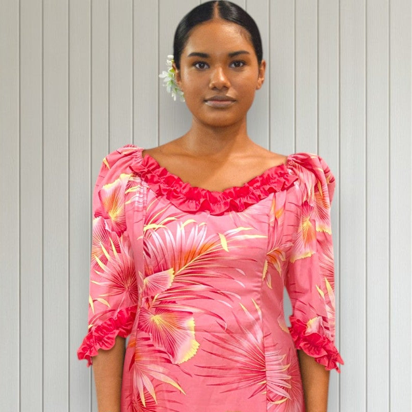 pink hibiscus dress Pink Cotton Hibiscus Ruffle Hawaiian Dress | 3/4 Sleeve Tropical Style from Princess Kaiualni Fashions