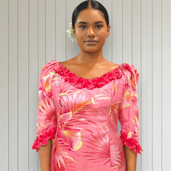 Pink Tropical Hibiscus Ruffle Dress