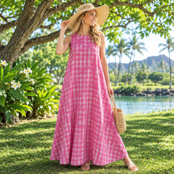 Traditional Hawaiian Palaka Dress with Flower Lei Print – 2-Way Neck A-Line Dress | Made in Hawaii