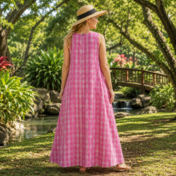 Traditional Hawaiian Palaka Dress with Flower Lei Print – 2-Way Neck A-Line Dress | Made in Hawaii