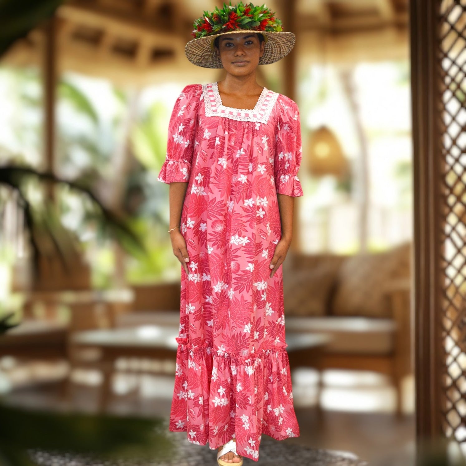 Pink Plumeria Fern Lace trim Muumuu