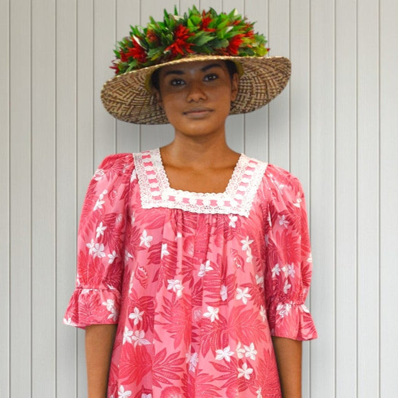 Pink Plumeria Fern Lace trim Muumuu