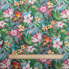 Pink Tropical Paradise Hawaiian Fabric – Hibiscus & Plumeria CottonPink Tropical Paradise Hawaiian Fabric – Hibiscus & Plumeria Cotton - 0