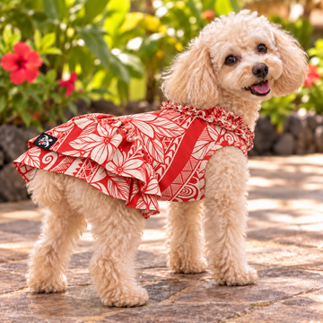 Polynesian Plumeria Hawaiian Dog Dress – Red & Ivory Tribal Floral Print | Made in Hawaii
