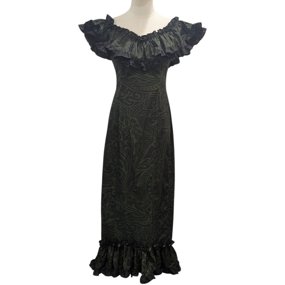 Traditional Hawaiian Holomuʻu – Polynesian Tribal Print Mermaid Line Dress with Train | Dark Green & Black | Made in Hawaii