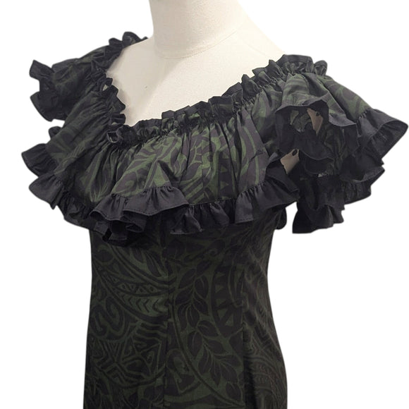 Traditional Hawaiian Holomuʻu – Polynesian Tribal Print Mermaid Line Dress with Train | Dark Green & Black | Made in Hawaii