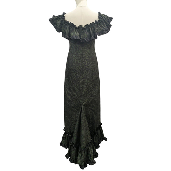 Traditional Hawaiian Holomuʻu – Polynesian Tribal Print Mermaid Line Dress with Train | Dark Green & Black | Made in Hawaii