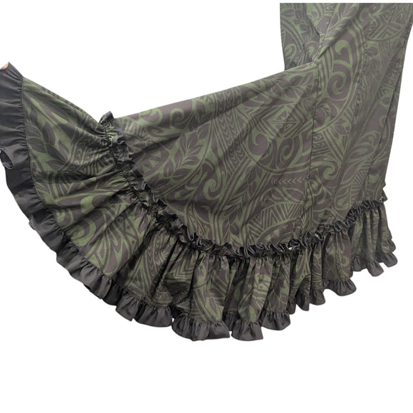 Traditional Hawaiian Holomuʻu – Polynesian Tribal Print Mermaid Line Dress with Train | Dark Green & Black | Made in Hawaii