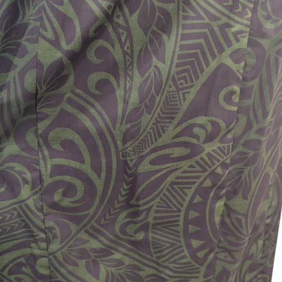 Traditional Hawaiian Holomuʻu – Polynesian Tribal Print Mermaid Line Dress with Train | Dark Green & Black | Made in Hawaii