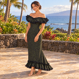 Traditional Hawaiian Holomuʻu – Polynesian Tribal Print Mermaid Line Dress with Train | Dark Green & Black | Made in Hawaii - 0