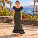 Traditional Hawaiian Holomuʻu – Polynesian Tribal Print Mermaid Line Dress with Train | Dark Green & Black | Made in Hawaii-1