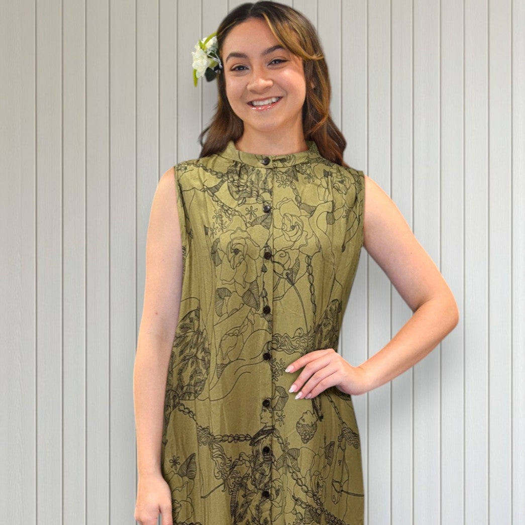 Princess Kaiulani Pāʻū Rider Shirt Dress – Soft Rayon Peacock Feather Print | Made in Hawaii Mustard / L