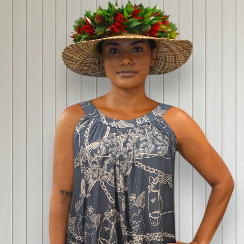Princess Kaiulani P Rider Maxi Dress Versatile Peacock Feather Print Dress Made in Hawaii Charcoal Gray / L - XL Princess Kaiulani P Rider Maxi Dress Versatile Peacock Feather Print Dress Made in Hawaii Charcoal Gray / L - XL