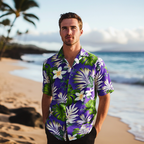 Purple Floral  Print Aloha Shirt
