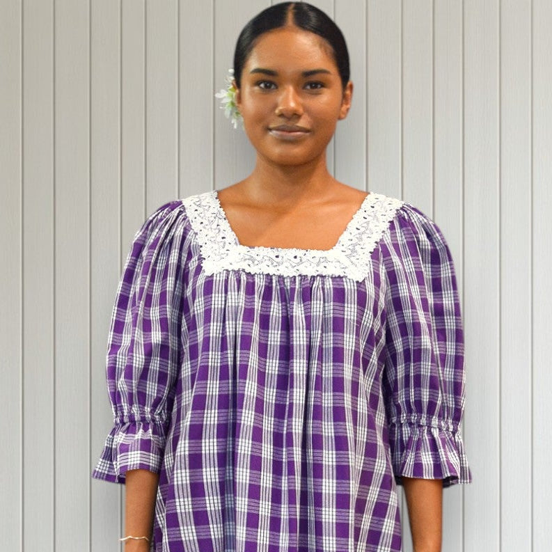 Purple Palaka Half Sleeve Muumuu with Elegant Lace Trim 8891