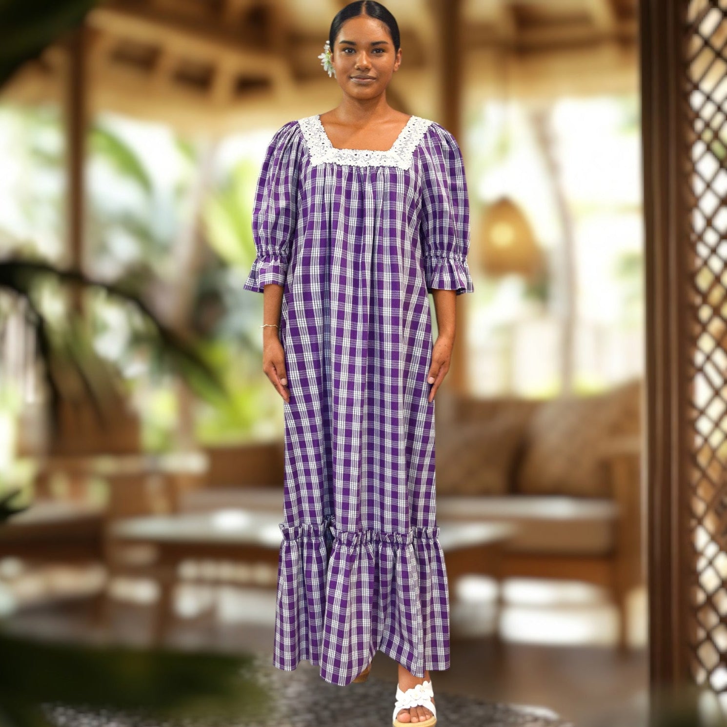 Purple Palaka Half Sleeve Muumuu Lace Trim