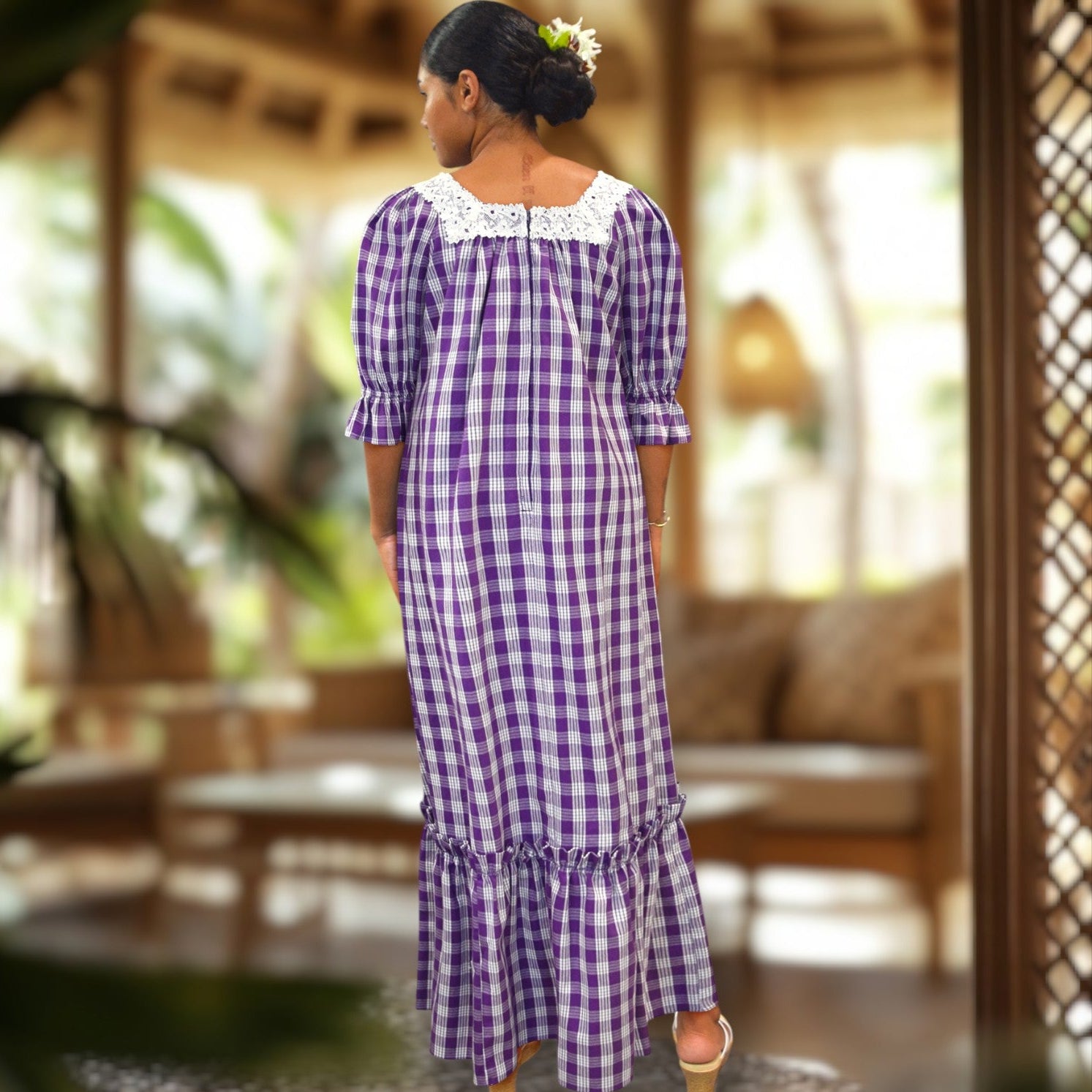 Purple Palaka Half Sleeve Muumuu Lace Trim