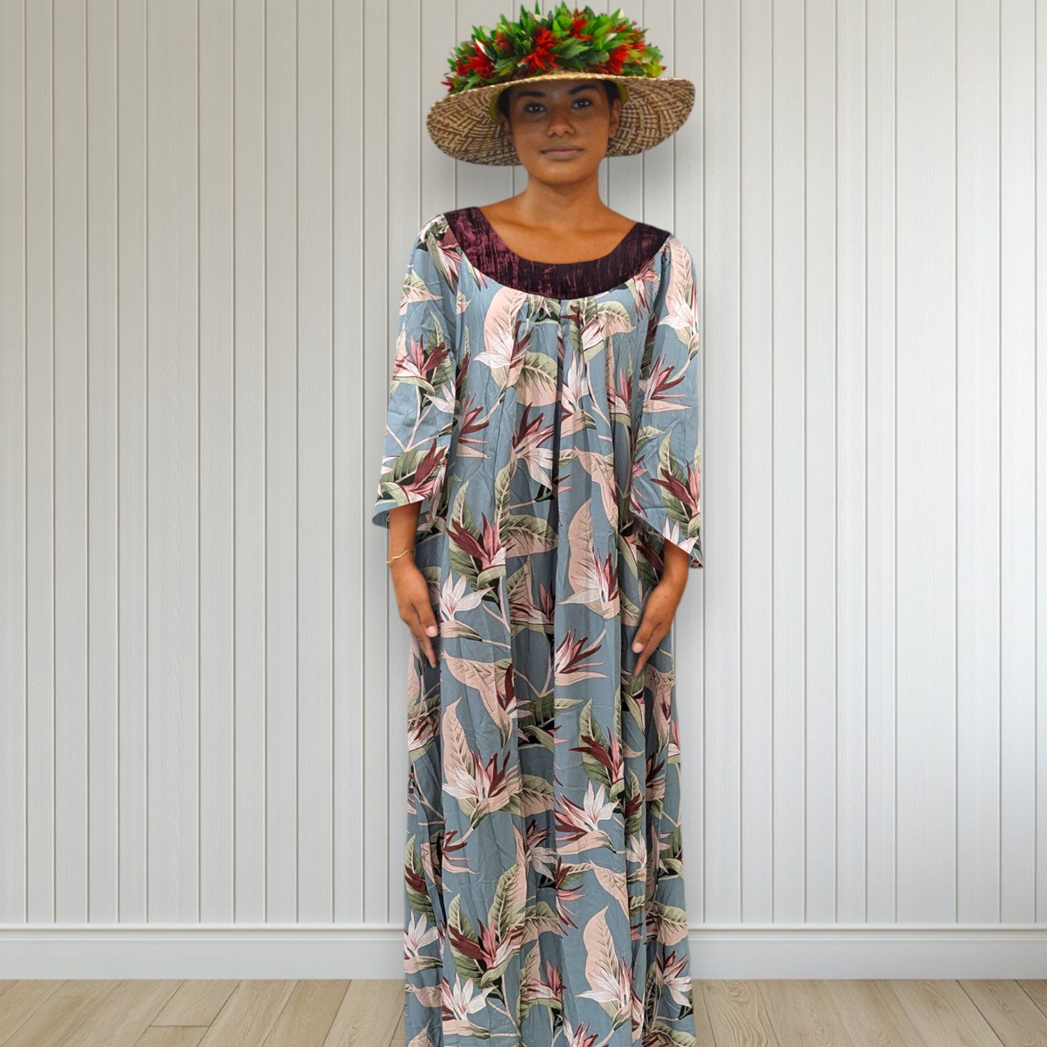 3/4 Sleeve Hawaiian Muumuu With Velvet Yoke - MikaLynn Rayon