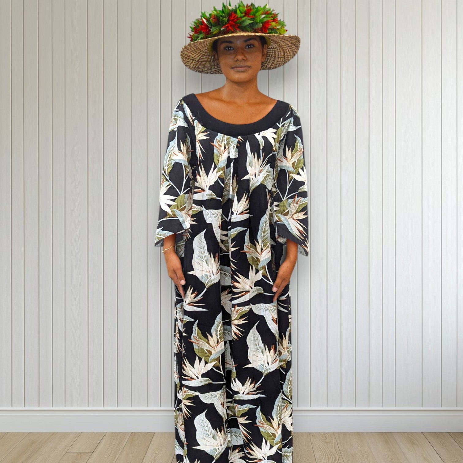 3/4 Sleeve Hawaiian Muumuu With Velvet Yoke - MikaLynn Rayon