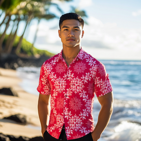 Red Aloha Shirt - Hawaiian Quilting Motif with Palaka