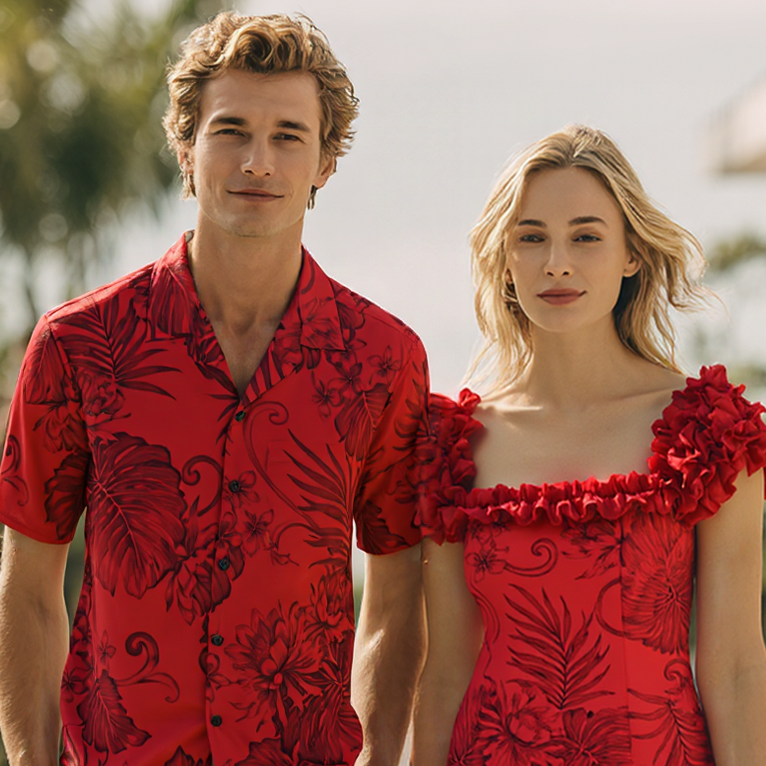 Red Hawaiian Matching Outfits – Aloha Shirt & Elegant Long Flare Dress XL / Men’s Shirt