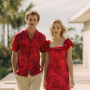 Red Hawaiian Matching Outfits – Aloha Shirt & Elegant Long Flare Dress-1