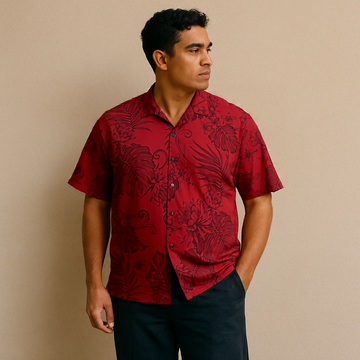 Red Floral  Palm Leaf Hawaiian Aloha Shirt 