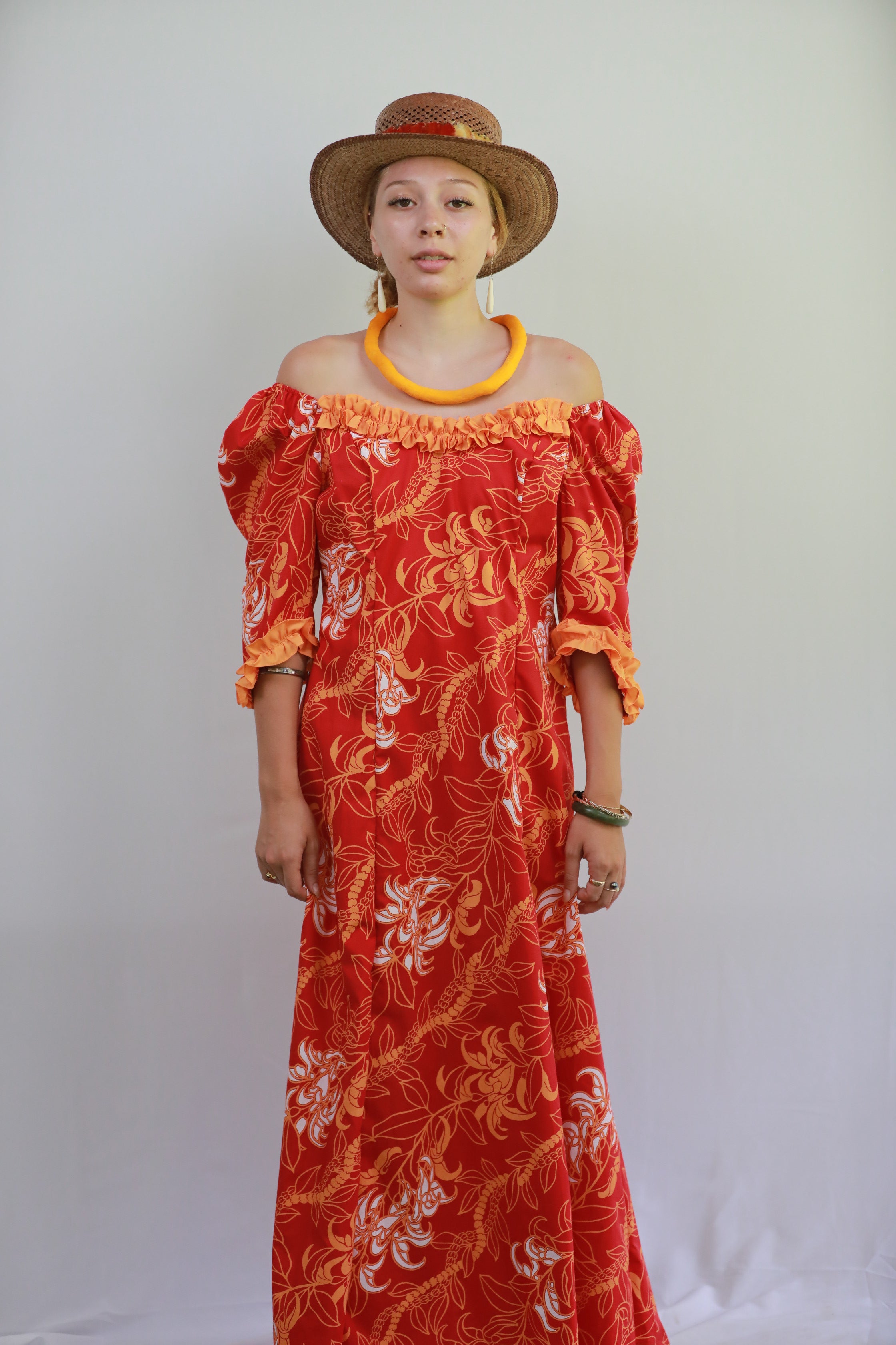 open lace back dress Hawaiian Red & Orange Floral Ruffle Dress | 3/4 Sleeve Island Style open lace back dress Hawaiian Red & Orange Floral Ruffle Dress | 3/4 Sleeve Island Style