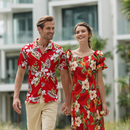 Red Orchid Matching Outfits – Hawaiian Aloha Shirt & Elegant Long Dress-1