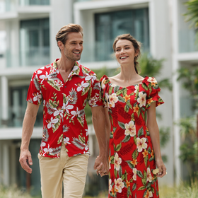 Red Orchid Matching Outfits – Hawaiian Aloha Shirt & Elegant Long Dress