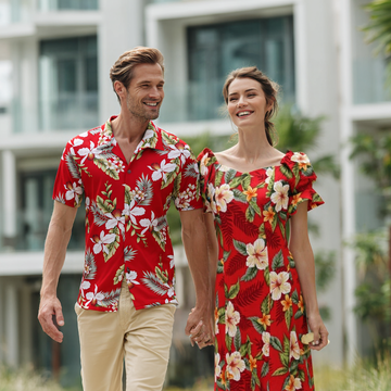 Red Orchid Matching Outfits – Hawaiian Aloha Shirt & Elegant Long Dress
