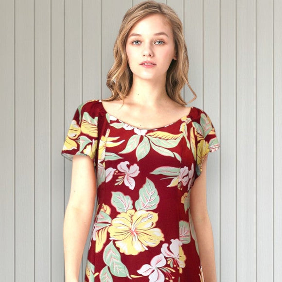 Red Hibiscus Flare Sleeve Rayon Dress