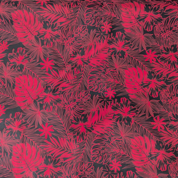 Red Hibiscus Monstera Hawaiian Fabric – Bold Tropical Floral Print Polycotton