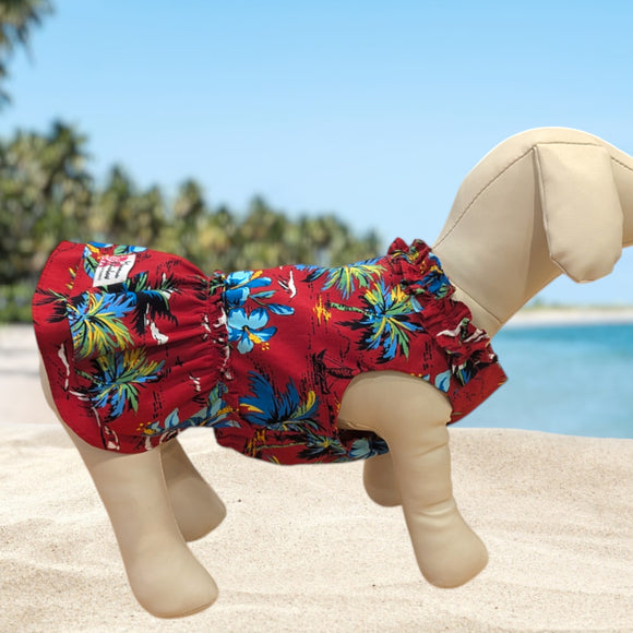 Red Hibiscus PalmTree Hawaiian Dog Dress