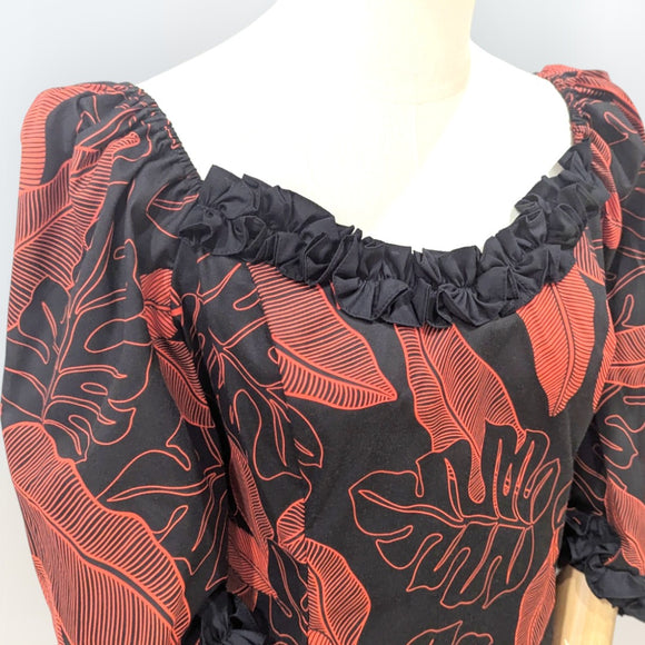 Red Monstera Leaf Ruffle Hawaiian Dress