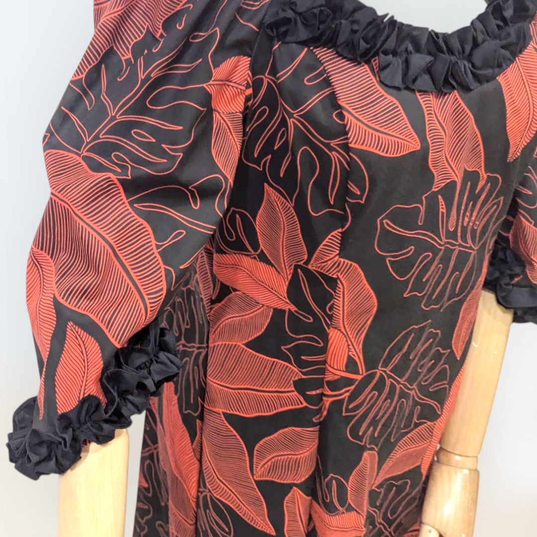 Leaf Ruffle Red Monstera Leaf Ruffle Hawaiian Dress | 3/4 Sleeve Evening Island ...