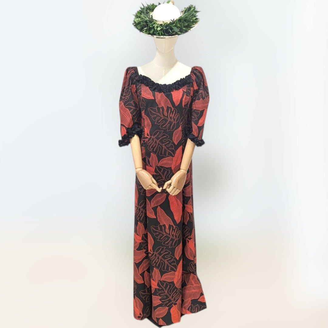 Red Monstera Leaf Ruffle Hawaiian Dress