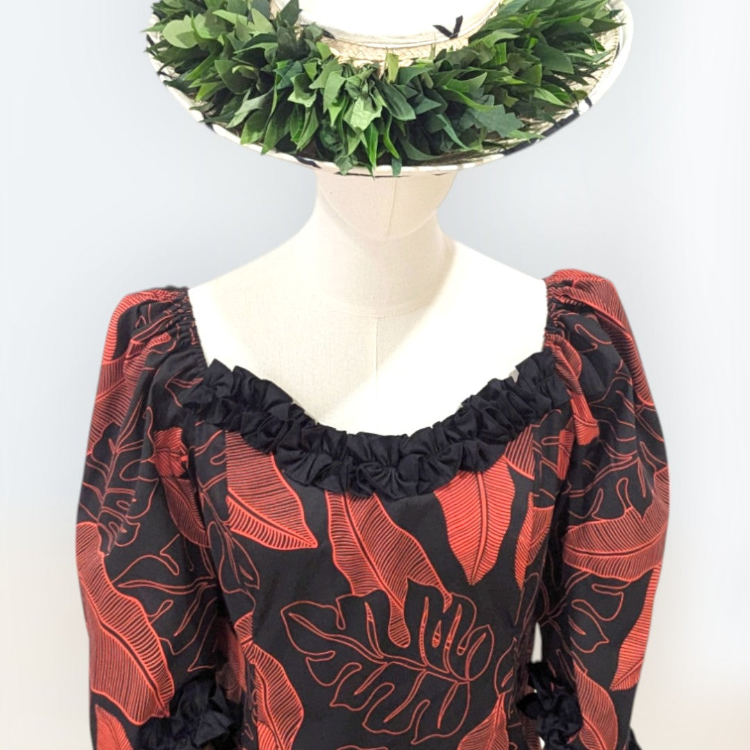 Leaf Ruffle Red Monstera Leaf Ruffle Hawaiian Dress | 3/4 Sleeve Evening Island ...